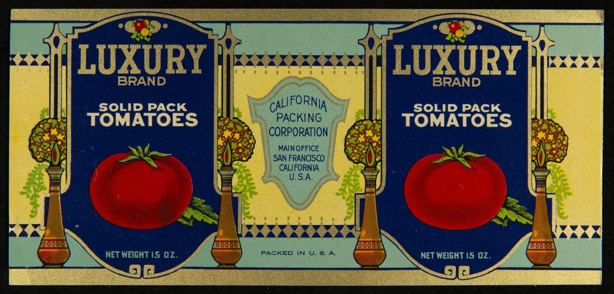 Can Label, "Luxury Brand Solid Pack Tomatoes," circa 1916 Cream, light blue, and dark blue can label with stylized flower arrangements in vases and two large images of tomatoes