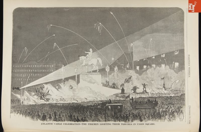 Bound Periodical, Harper's Weekly, 1858, page 584 Etching with crowd of people, statue, fireworks and lights in a night sky; also contains text