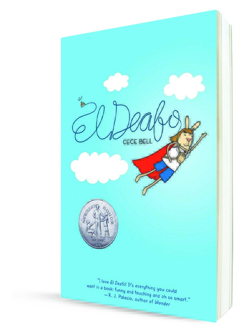 El Deafo Book with blue cover with text and image of flying person with bunny ears and nose, wearing cape and flying