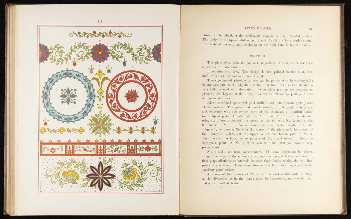 Tried by Fire: A Work on China Painting, 1886 / pages 96 & 97 Book open to one page with colorful floral and decorative pattern and one page with text