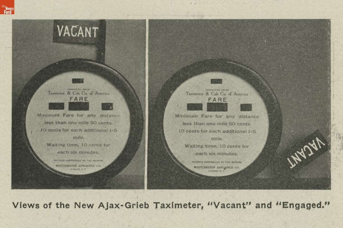 "The Automobile" Magazine for March 19, 1908 / page 414 detail Two black-and-white images of a meter, one with "VACANT" flag raised and the other with it lowered; also contains text
