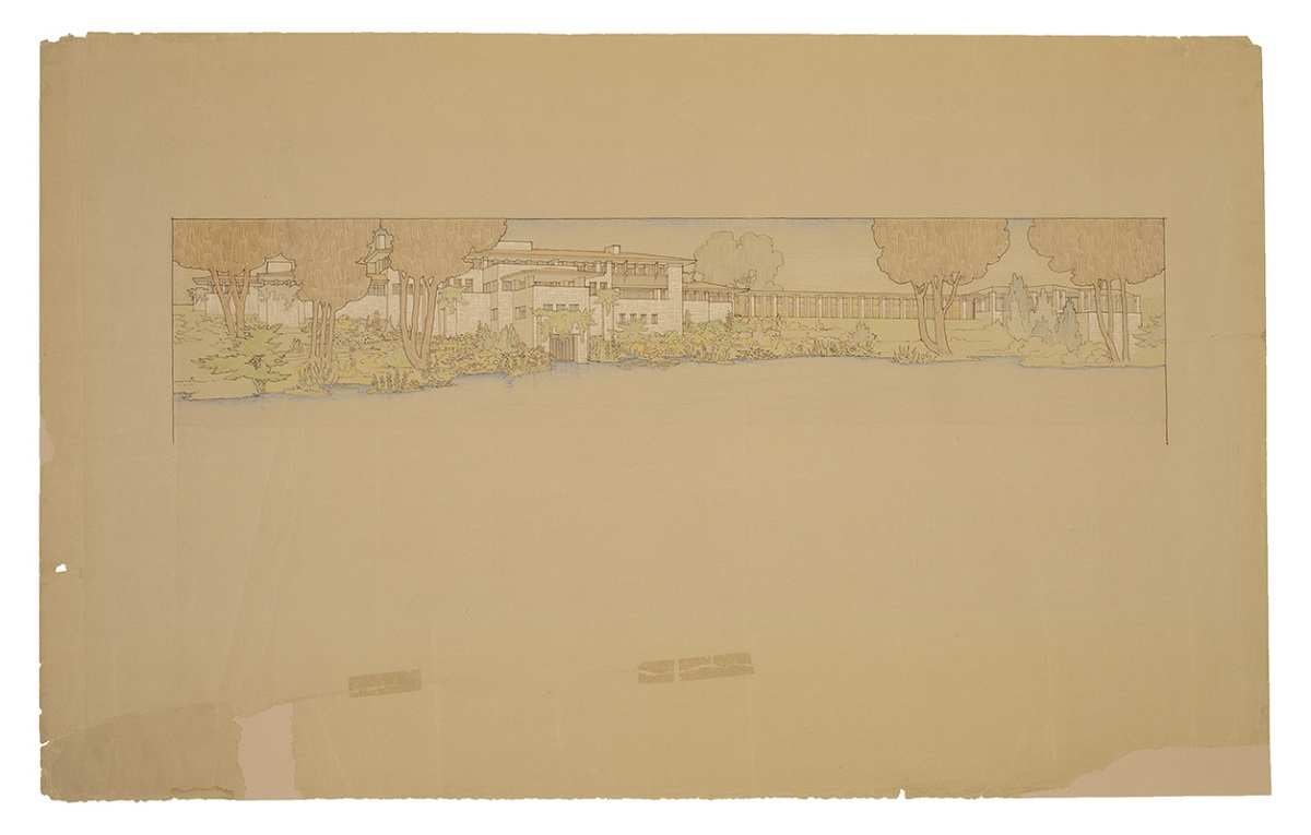 Architectural Rendering, "Fair Lane," 1914 Drawing of large white house with trees and other greenery in front