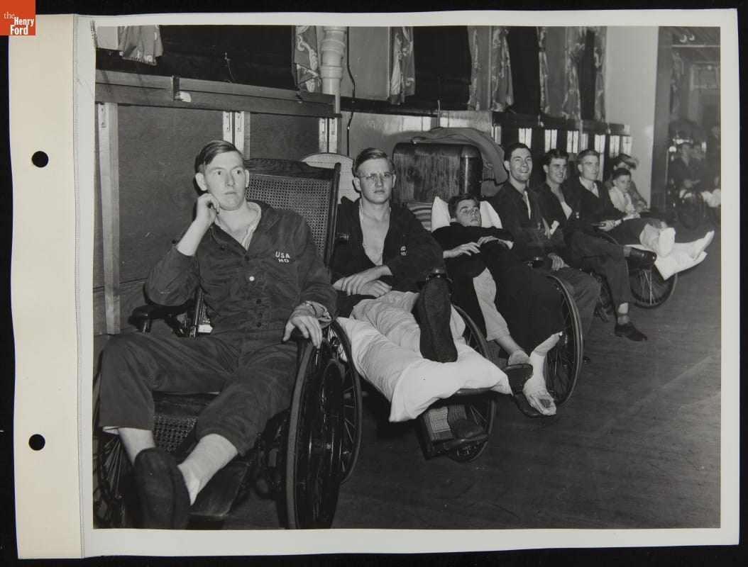 Patients at Percy Jones Hospital, Ford Legion Day, Battle Creek, Michigan, April 1944 Row of men in wheelchairs