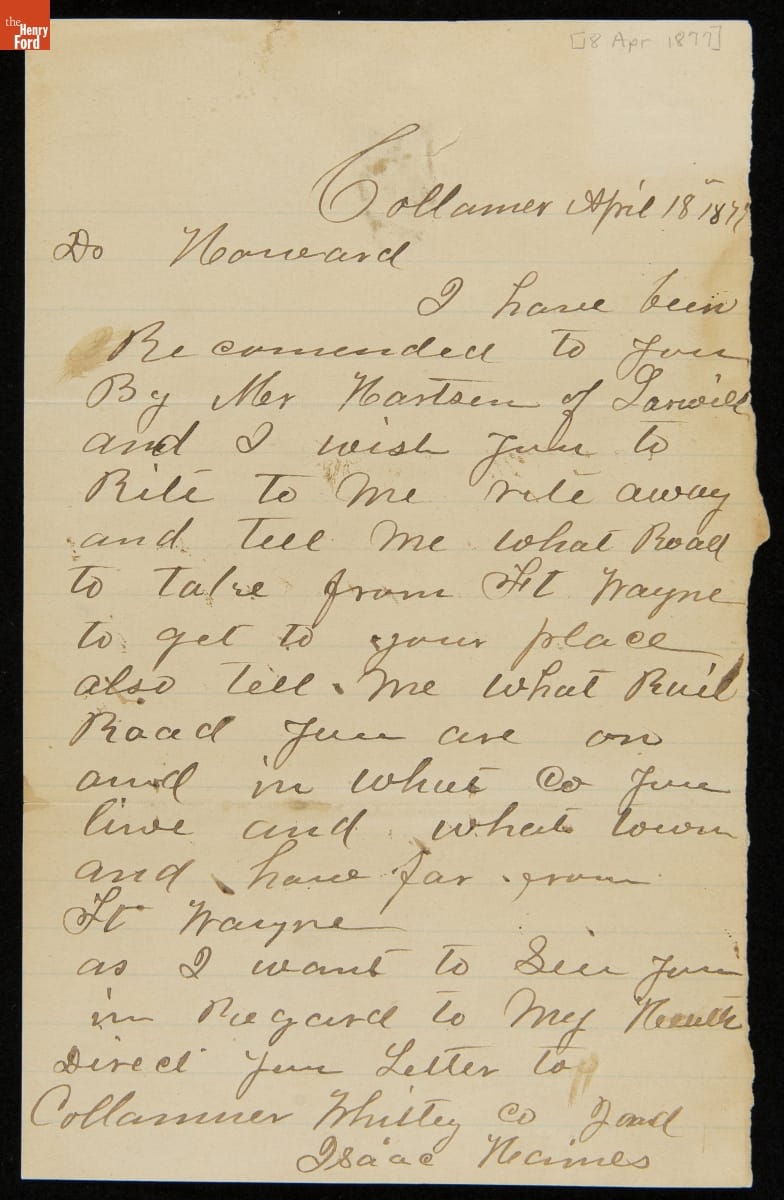 Letter from Isaac Haines to Dr. Alonson Howard, April 18, 1877 Letter handwritten in cursive