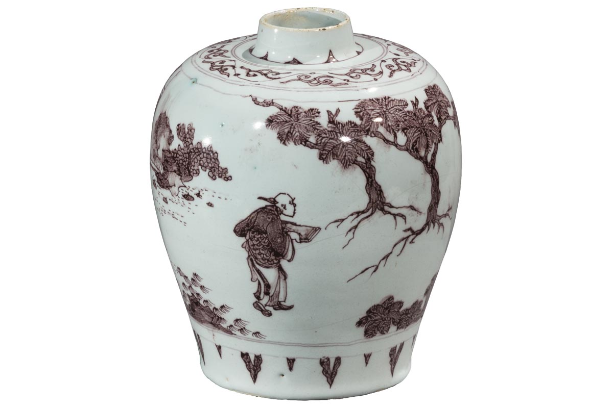 Storage Jar, 1710-1750 White jar with medium base tapering out to wider near top with a narrow mouth; decorated with brown human figures and trees
