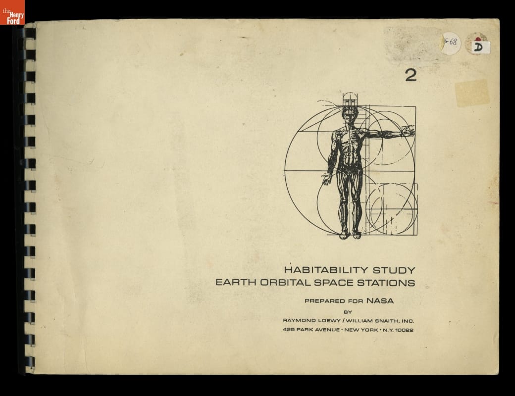 Report, "Habitability Study, Earth Orbital Space Stations, Prepared for NASA," 1968 / cover Page with spiral binding at left edge, text, and image of human figure with interlinked circles similar to Da Vinci's Vitruvian Man