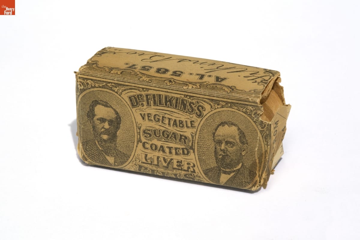 Dr. Filkins's Vegetable Sugar Coated Liver Pills, circa 1870 Rectangular brown paper package with decorative elements and text, along with two images of men's faces