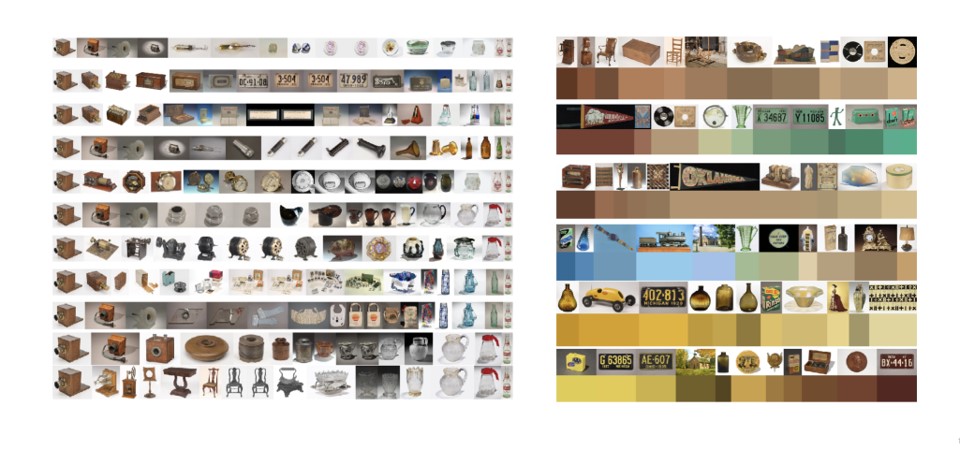 Strings of artifacts showing gradual changes by shape (left) and color (right) Many small images of various items and colors, arranged in rows and grids