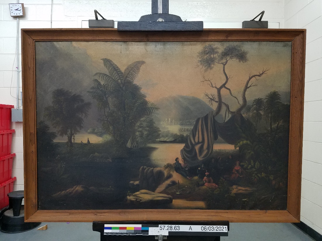 The next painting to be conserved Landscape painting, with people in camp in foreground