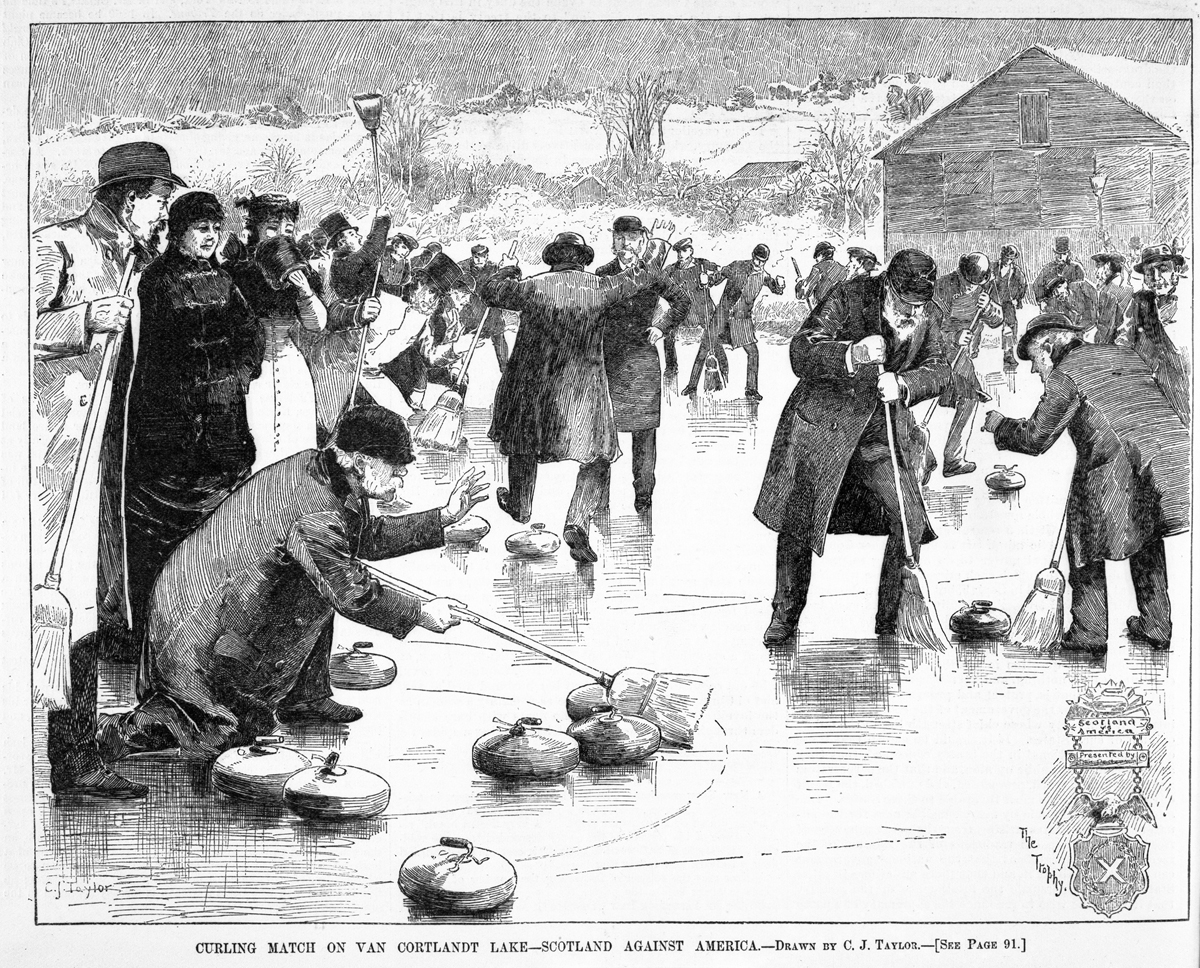 "Curling Match on Van Cortlandt Lake - Scotland Against America," from Harper's Weekly, February 9, 1884 Large group of people on frozen pond or lake with brooms and curling stones