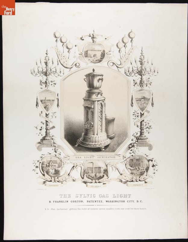 Sylvic Gas Light, B. Franklin Coston, Patentee, Washington City, D.C. N.B., Gas Light Generator, 1845 Illustration of elaborate pedestal topped with urn or jar, surrounded by smaller illustrations and decorative elements