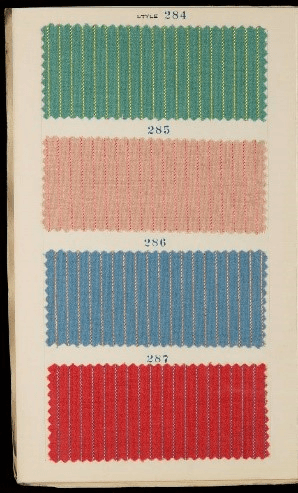 Sample Book for Lancaster Mills, "36 Inch Klinton Fancies," Fall 1927 GIF cycling through two sheets each containing four rectangular fabric samples in stripes and plaids; also contains typed or printed numbers