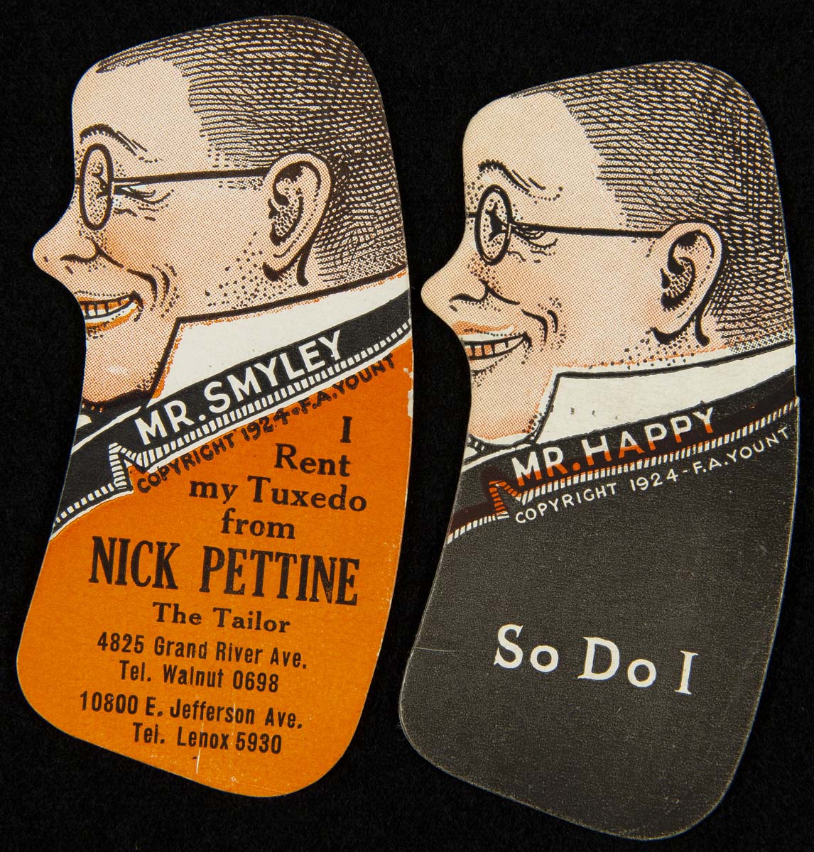 Mr. Smyley and Mr. Happy's Optical Illusion Trade Card for Nick Pettine Tuxedo Rentals, 1924 Two cards, almost touching each other, shaped like torso and face of a man, one wearing an orange coat and one a black coat; contains text