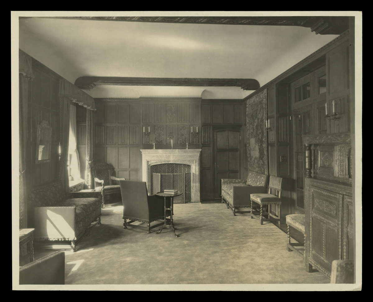 Living Room inside Clara Ford Nurses Home, Henry Ford Hospital, Detroit, Michigan, circa 1925 Paneled room with fireplace, couches, chairs, and other furniture