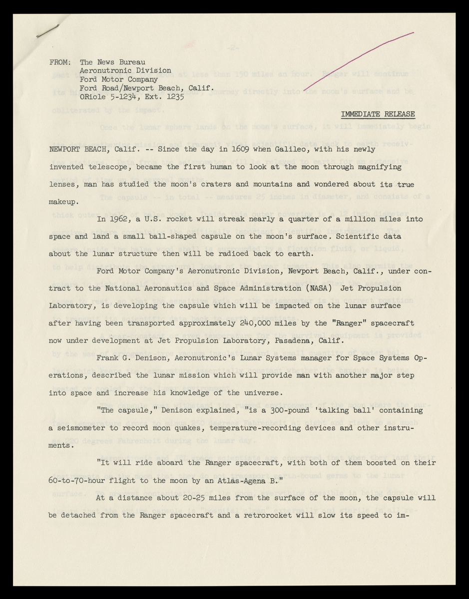 Press Release RE: Lunar Capsule Built by Ford Motor Company Aeronutronic Division, September 14, 1961 / page 1 Page with typewritten text