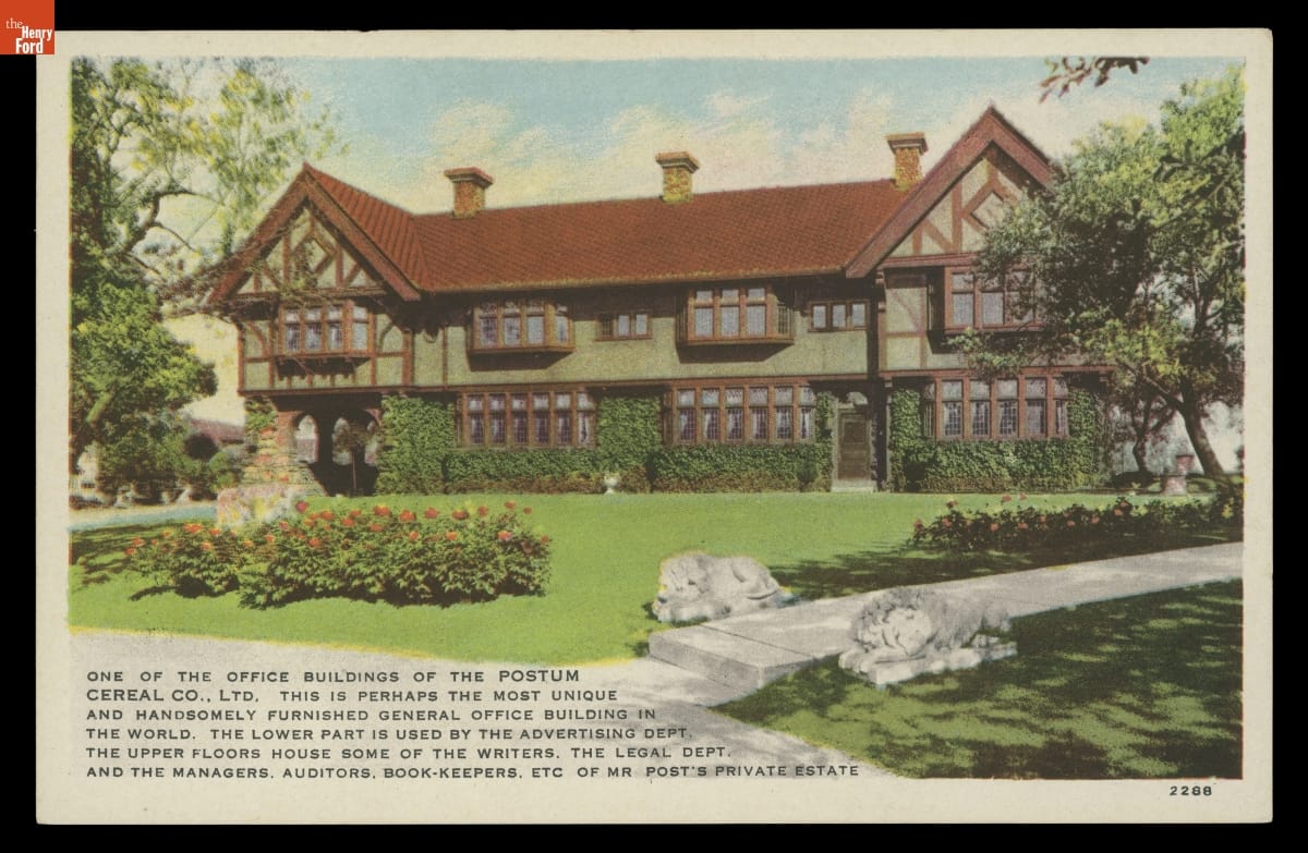 One of the Office Buildings of the Postum Cereal Co., Ltd., 1914 Building seen across lawn and garden