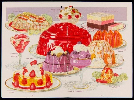 Recipe Booklet, "Jell-O, Americas Most Famous Dessert," 1916 Colorful display of desserts on plates and platters and in decorative glasses; large red molded dessert in middle
