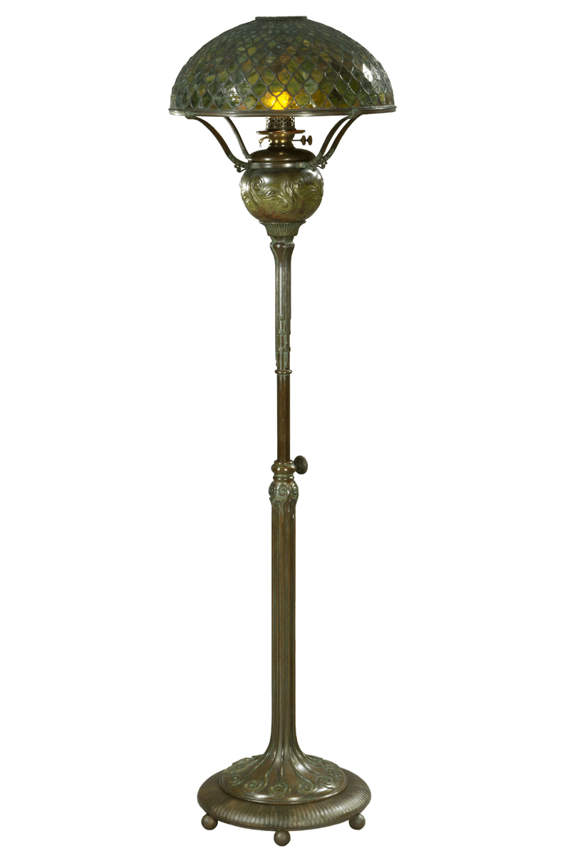 Tiffany Floor Lamp, about 1900 GIF rotating through several images and detail shots of a bronze floor lamp with domed glass shade in mottled greens and yellows