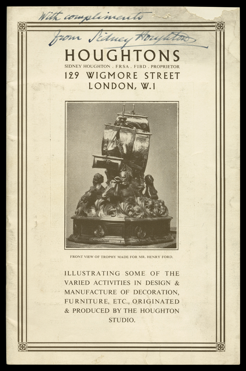 Houghton Studio Catalog, "Houghtons...Design & Manufacture of Decoration, Furniture, Etc.," 1925-1928 / front cover Page with text and image of sculpture of ship surrounded by human figures in the waves, one sounding a conch-shell horn