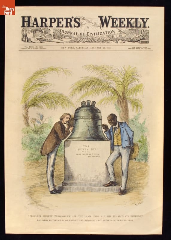 Harper's Weekly Cover," Proclaim Liberty Throughout All the Land Unto All the Inhabitants," January 24, 1885 Cover with text and image of Black man and white man standing on either side of a large bell