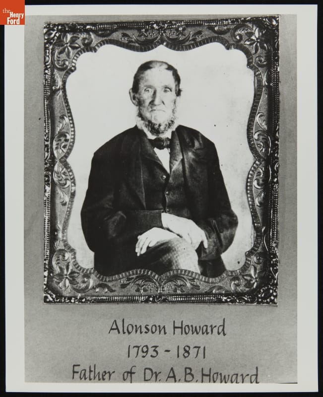 Portrait of Alonson Howard, Father of Dr. Alonson B. Howard, circa 1860 Portrait of man in suitcoat, jacket or vest, and tie, sitting with hands crossed on knee, in intricate frame; also contains text