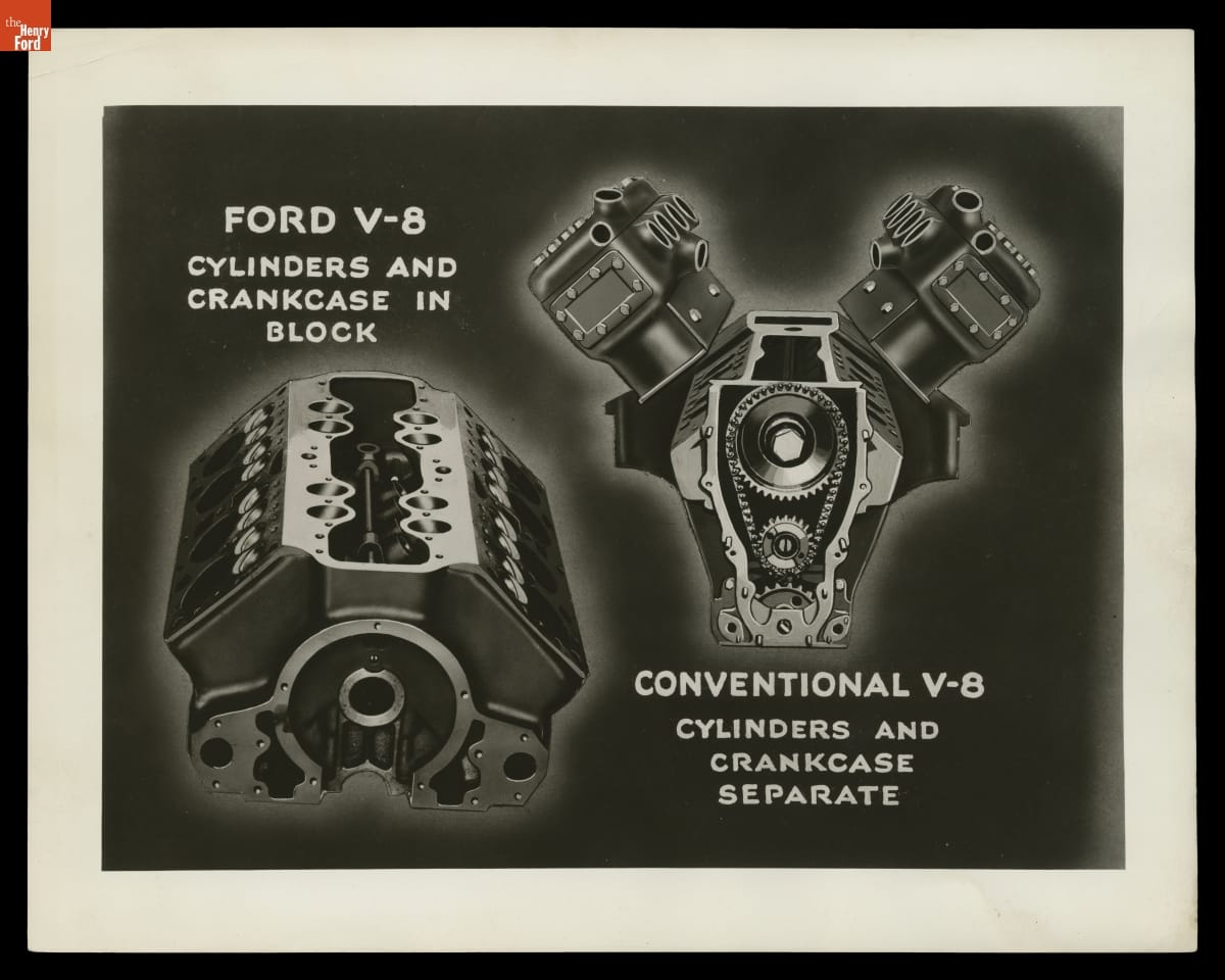 The 1932 Ford V-8 Compared with Conventional V-8 Engines Illustration of two engines, one without and one with protrusions; also contains text