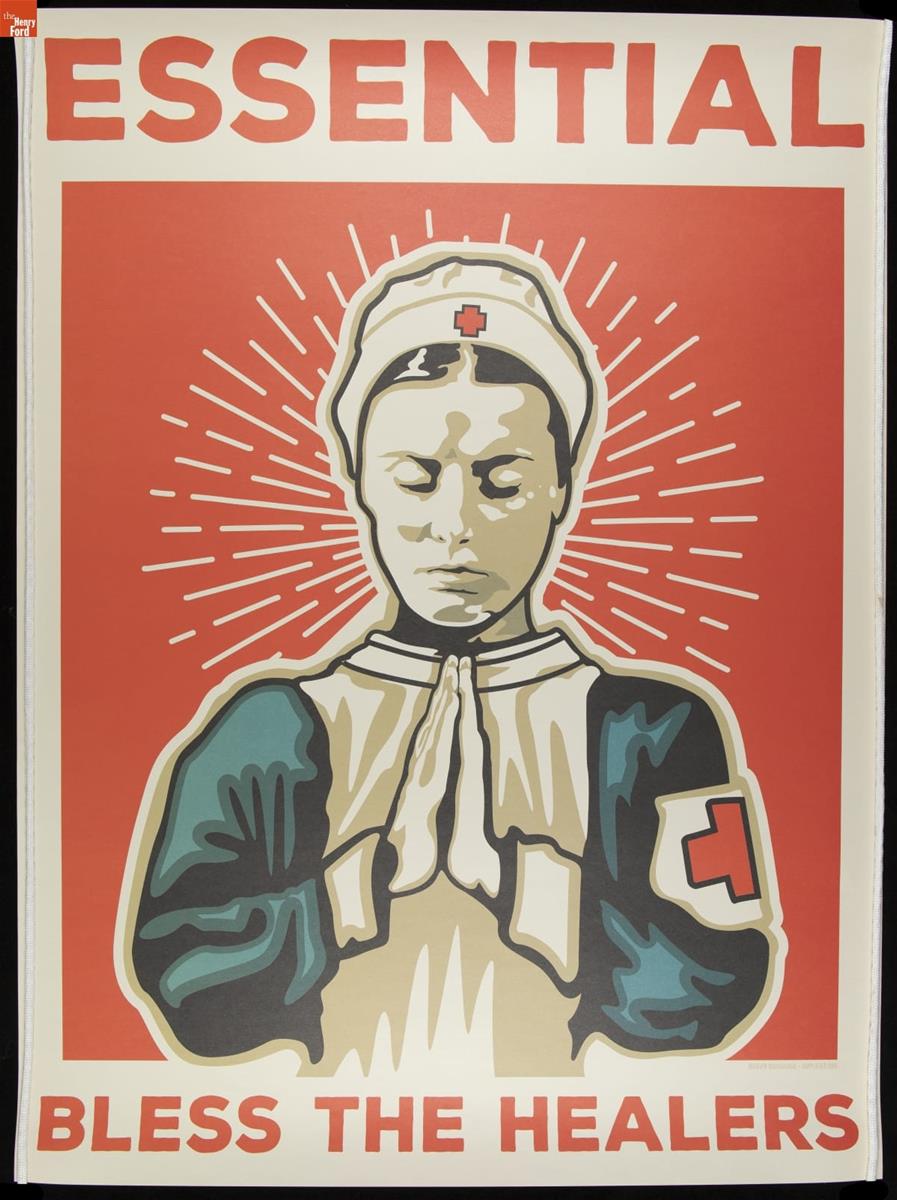 Nurse with hands clasped in a prayer position, head bowed, eyes closed, on a red background with white halo-like lines behind her; also contains text