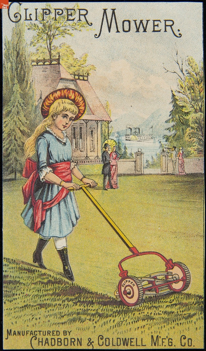 Trade Card for the Clipper Mower Made by Chadborn & Coldwell Mfg. Co., 1880-1890 Girl in blue dress with red sash pushes reel mower across a lawn in front of a large house