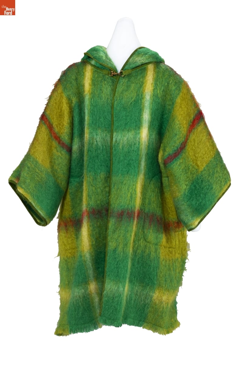 Coat, Designed by Bonnie Cashin Apple green, mustard yellow, and brown plaid boxy mohair coat with wide sleeves