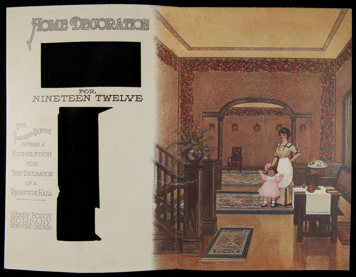 Trade Card for Henry Bosch Company, "A Well Decorated Home is a Potent Aid to Contentment & Happiness," 1912 Woman and little girl at open door of house, as man outside raises his hat