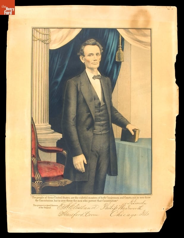 Lithograph Portrait of Abraham Lincoln in 1860 Color portrait of tall, thin man in black suit, standing before a blue curtain and holding a book