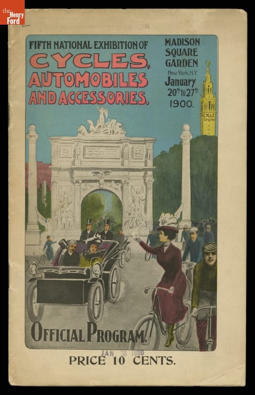 Official Program, "Fifth National Exhibition of Cycles, Automobiles and Accessories," 1900 Illustration of people on bicycles and in a car in front of the Arc de Triomphe
