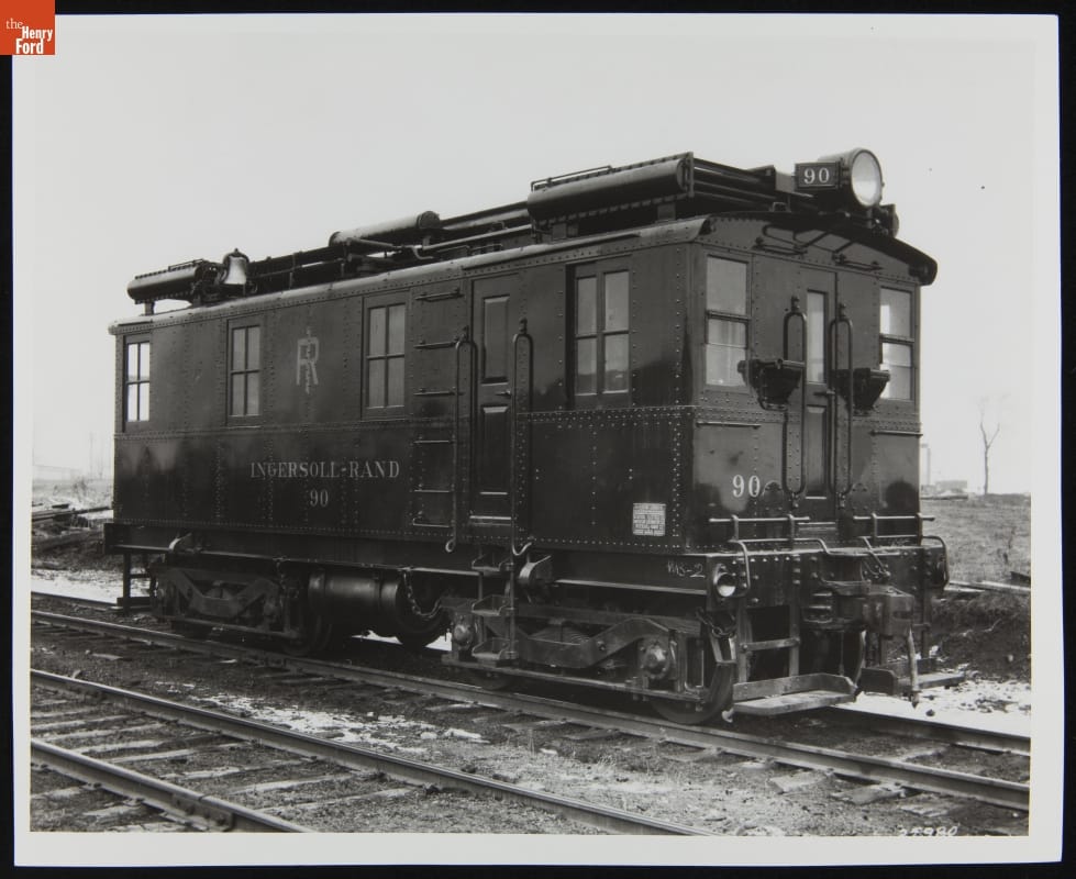 Ingersoll-Rand's Diesel Locomotive #90, Phillipsburg, New Jersey, 1926 Black-and-white photo of a boxy railcar on railroad tracks