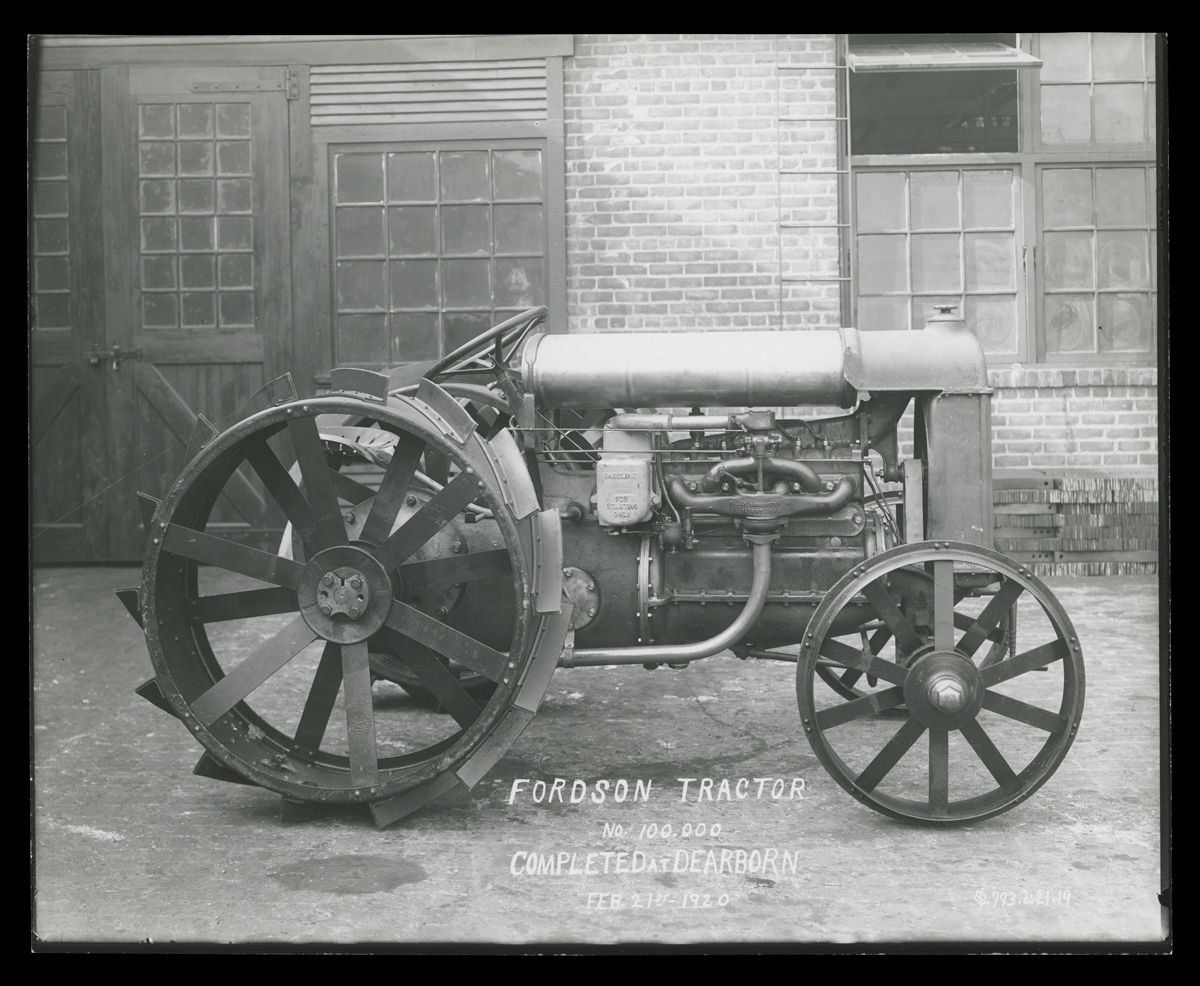 Fordson Tractor No. 100,000, Completed at Dearborn, February 21, 1920 A tractor sits in front of a building