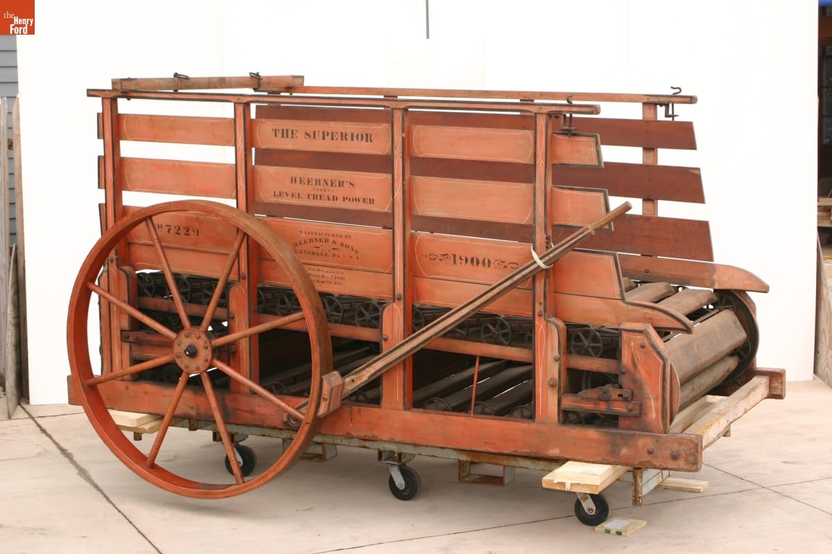 Two-Horse Treadmill-Type Horse Power, circa 1900 / left side rear view Wooden cart or wagon with two wheels and a wooden treadmill at the bottom