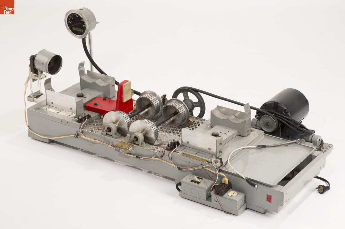 Dynamometer, Built by B. B. Korn, 1938 Piece of equipment with silver metal rectangular base with gears, wires, and other components