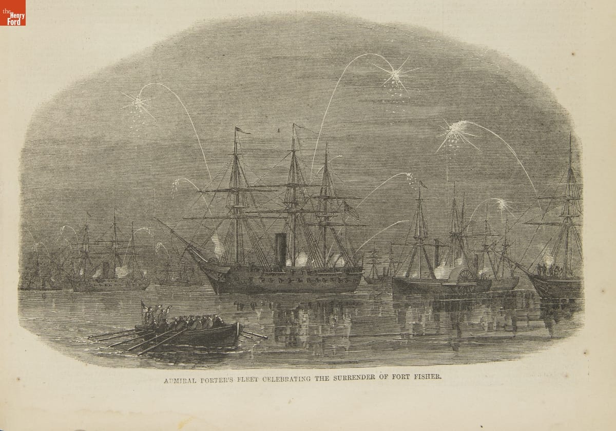 Harper's Weekly, Bound Volume of Issues from 1865, page 69 (detail) Etching of ships with fireworks bursting above them