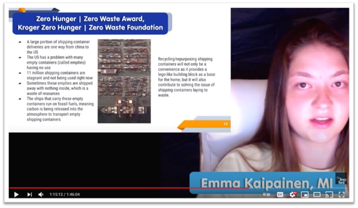 Emma Kaipainen, winner of the Zero Hunger | Zero Waste Award presented by the Kroger Co. Zero Hunger | Zero Waste Foundation Video screen capture showing a girl with brown hair and a slide with text