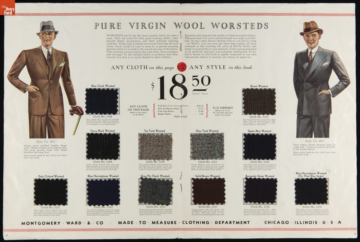 Montgomery Ward Suit Catalog, "Made to Measure All Wool Suits," 1932 Page with illustration of two men in suits and hats, accompanied by rectangular fabric swatches and text