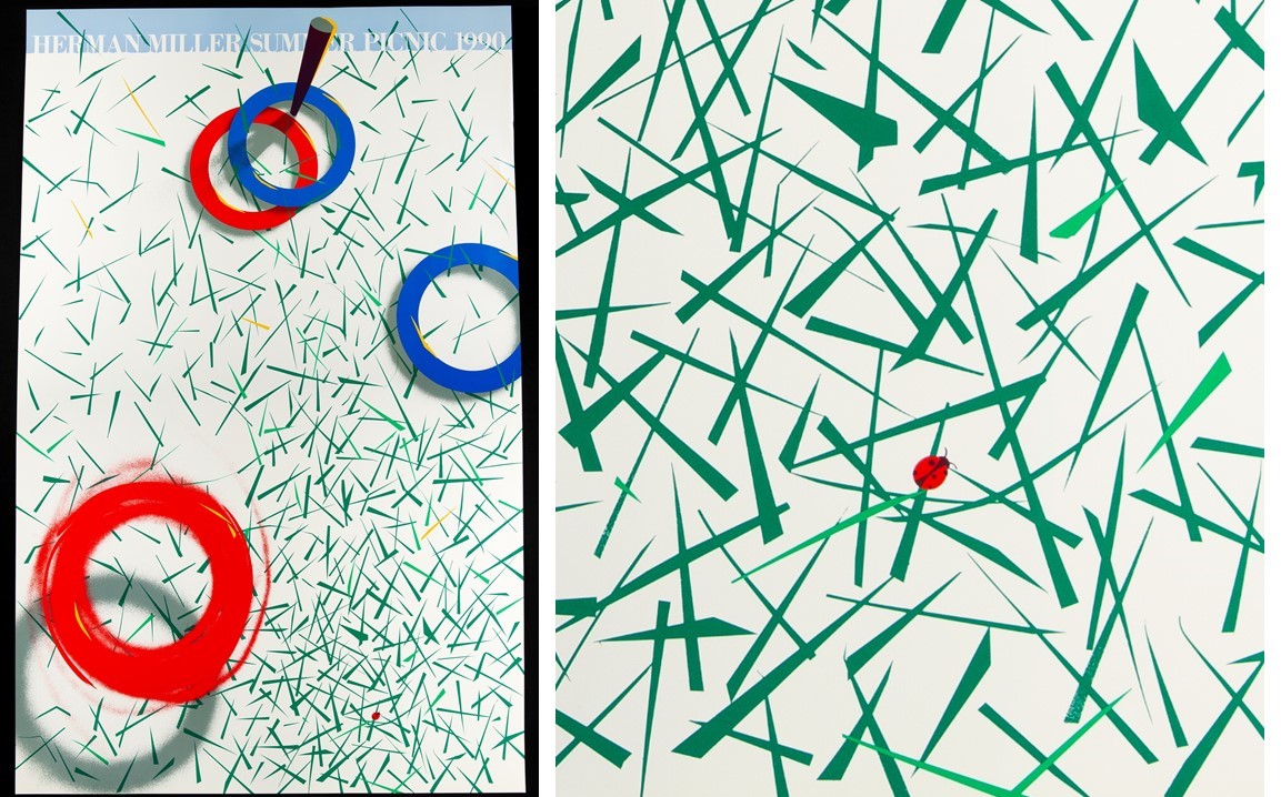 Herman Miller Picnic Poster, "Ring Toss," 1990 Poster with stylized ring toss game illustration and detail showing ladybug among stylized grass