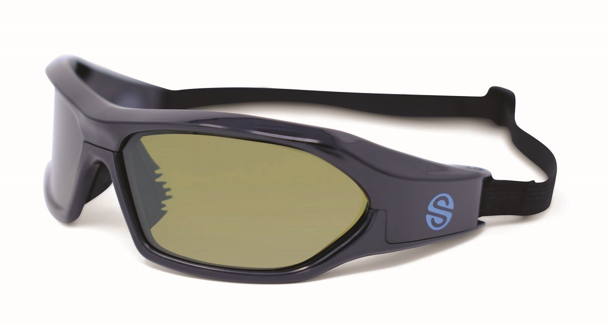 Senaptec’s strobe glasses, used at PitFit Pair of thick gray glasses or goggles with an elastic band