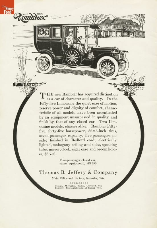 Rambler Magazine, Number 45, 1910 / inside Page with black-and-white illustration of car in front of house at top; text inside circle design at bottom