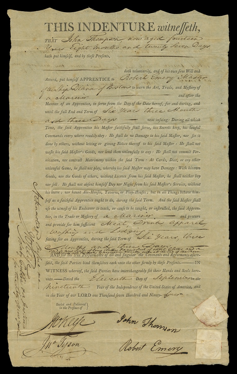 Agreement for John Thomson to be Apprenticed to Shipmaster Robert Emery for Six Years, September 11, 1794 Printed document with hand-written cursive notes and signatures