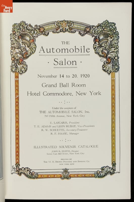 Program, "The Automobile Salon," New York City, 1920 Page with decorative pattern around edge; contains text