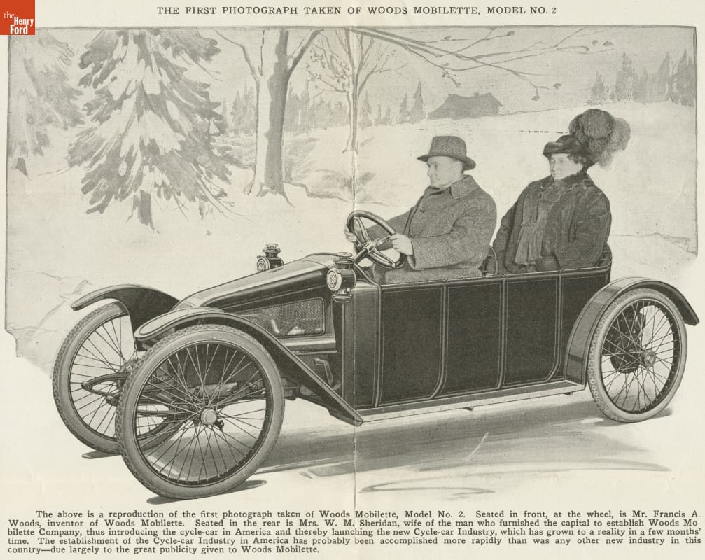 "Woods Mobilette--Model No. 2--Excels," 1913 Drawing of man and woman in narrow car with no top