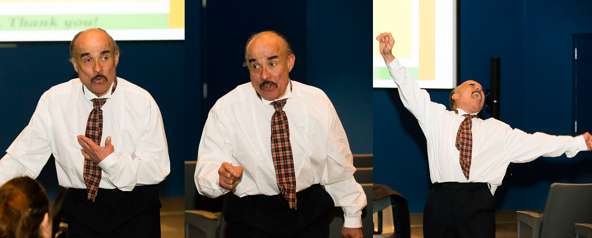 Three views of Anthony Lucas in "Elijah: The Real McCoy" Man in white dress shirt and plaid tie in three poses: hand to chest, pointing, and arms stretched to the sky