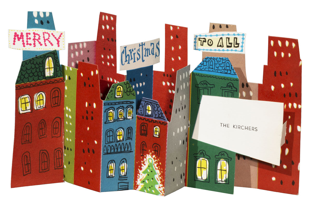 3-Dimensional Christmas Card, "Merry Christmas to All," circa 1952 Three-dimensional Christmas card with a cityscape of buildings, a Christmas tree, and banners with text