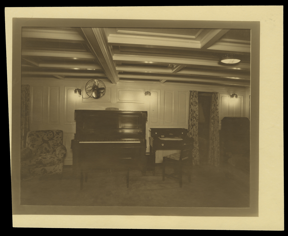 Parlor on "Sialia," Henry Ford's Yacht, circa 1925 Room interior with piano, desk, upholstered chair