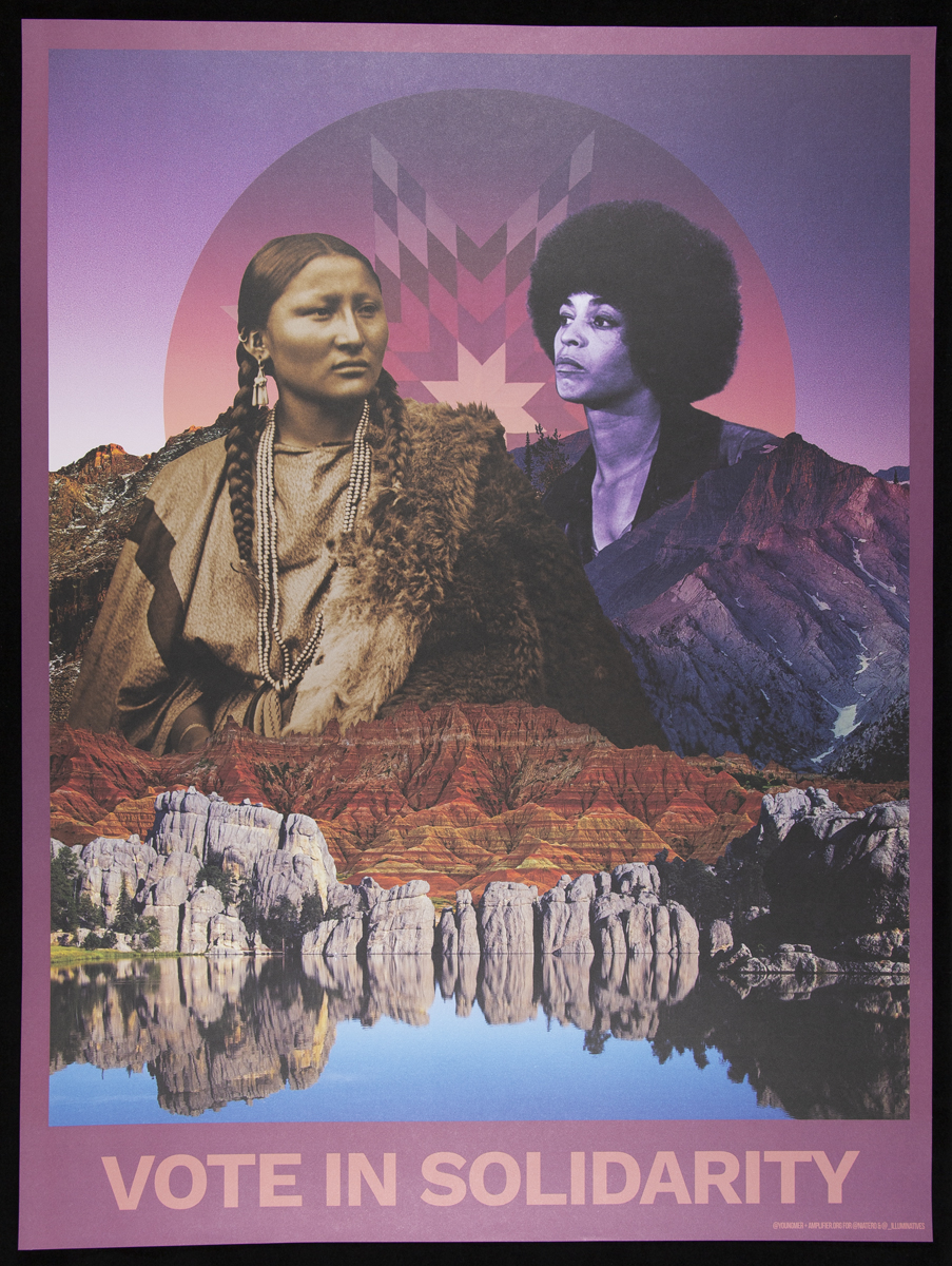 Poster, "Vote in Solidarity," 2020 Collage poster with image of two women in landscape with circular graphic pattern behind them