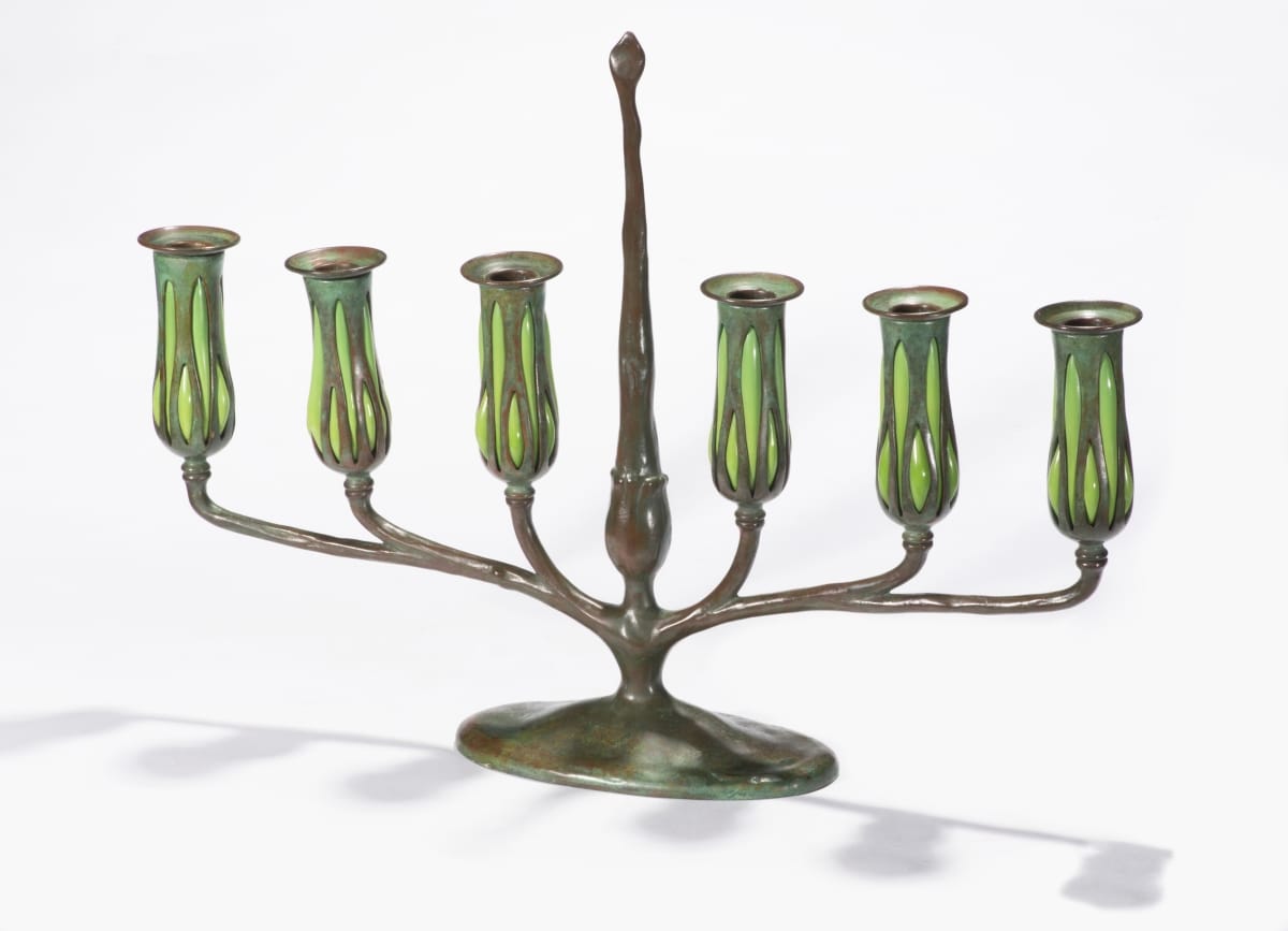 Candelabrum, 1903-1919 Bronze and green glass candelabrum with holders shaped like buds